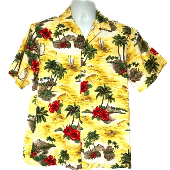 RJC Hawaiian Shirt Made In Hawaii Size Medium Yellow Button Up 100% Cotton Palms - Picture 1 of 5